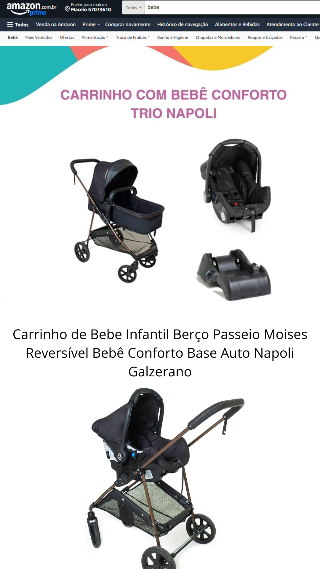 Carrinho de Bebe Infantil Berço Passeio Moises Reversível Bebê Conforto Base Auto Napoli Galzerano